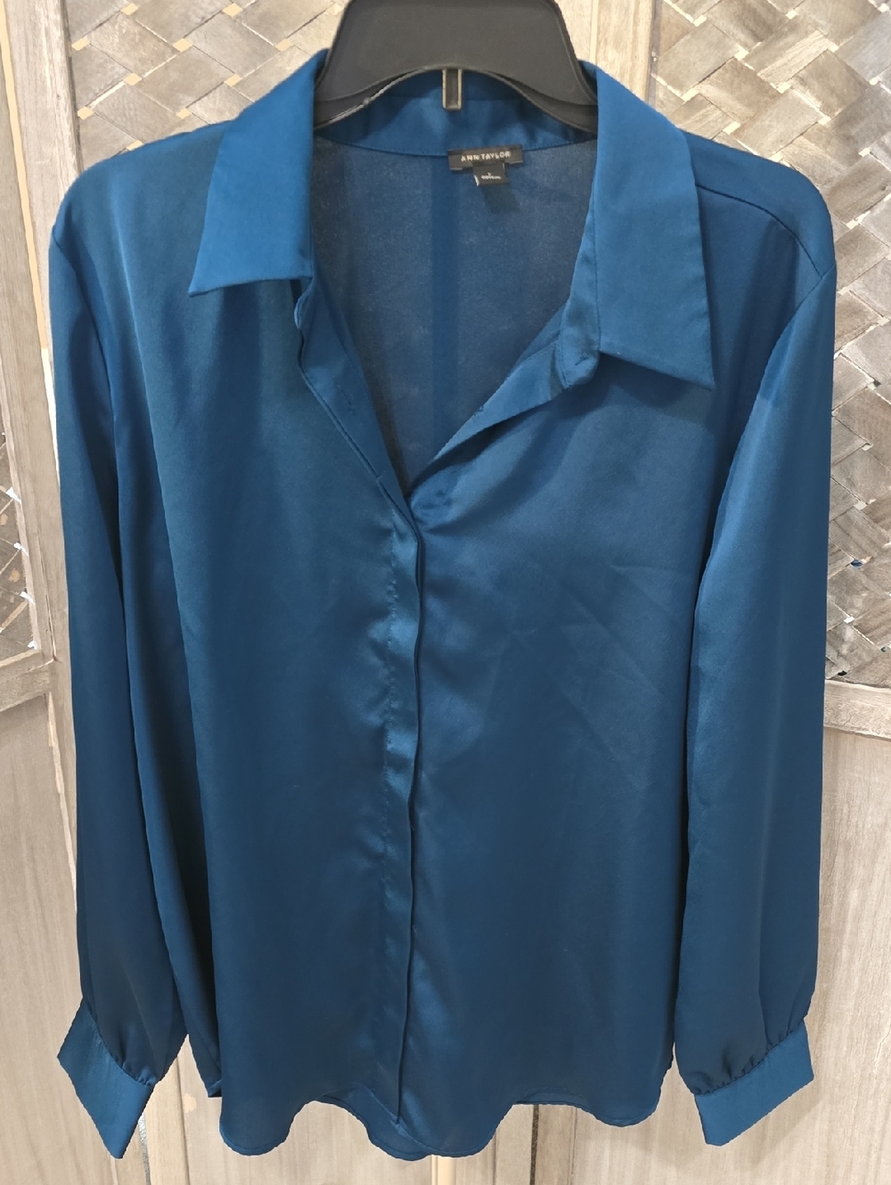 Ann Taylor Deep Teal Satin Button-Down Blouse